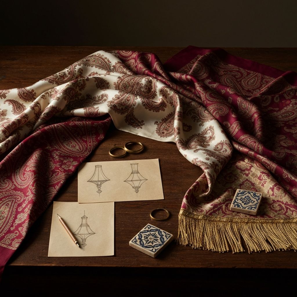 Vintage paisley and damask silks, brass rings and pencil sketches on a dark atelier table